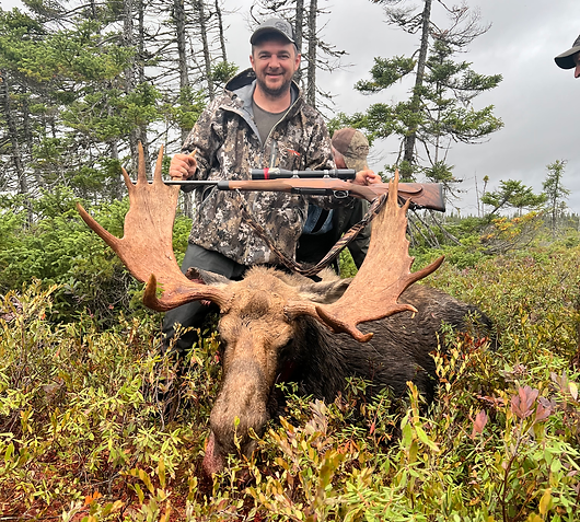 A happy hunter poses with the moose he has successfully hunted in the Newfoundland wilderness in Atlantic Canada