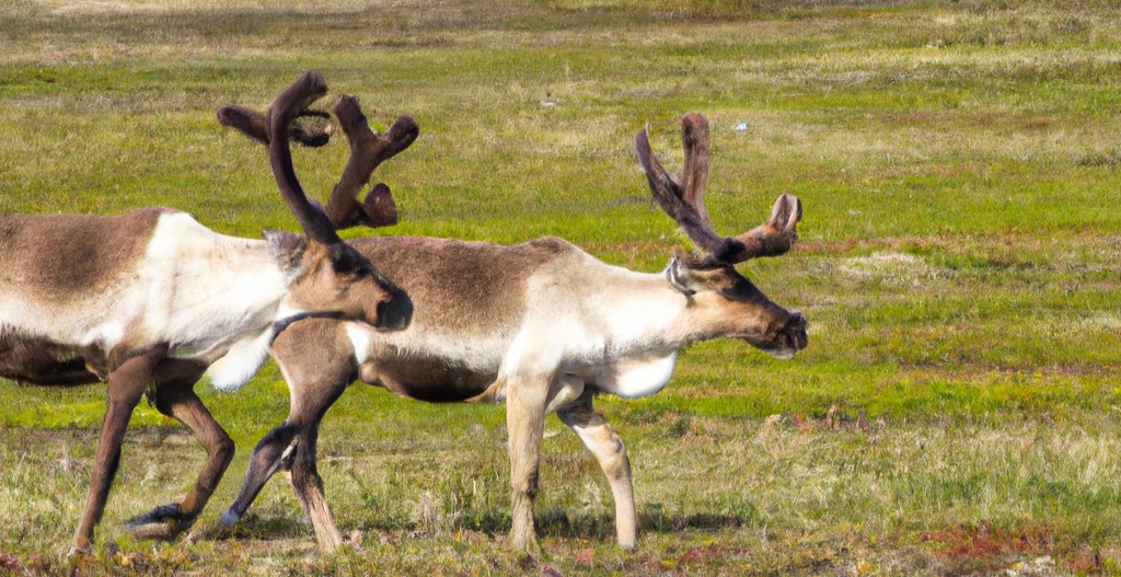 Two caribou walking in Newfoundland wilderness