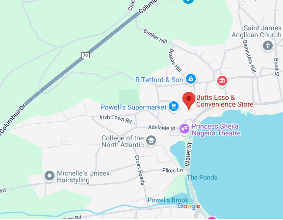 A map showing the meeting place for pick up for people travelling to Newfoundland Adventures